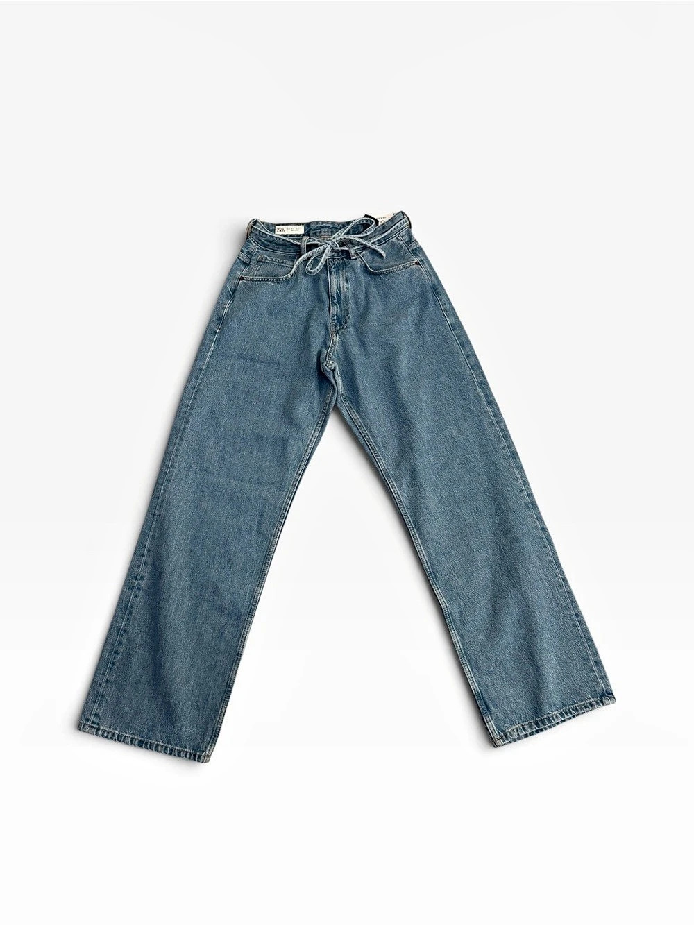 Zara NWT Women’s Baggy Fit Jeans Wide Leg Medium Wash Blue Waist Tie Size 29